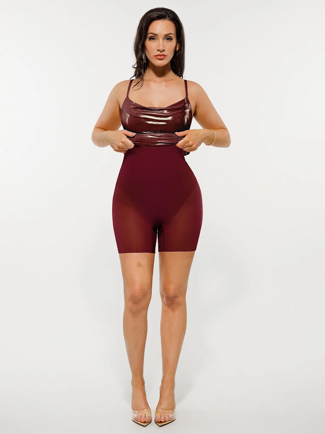 Metallic Cowl Neck Side Ruched Sculpting Tummy Control Midi Dress - Modefluss