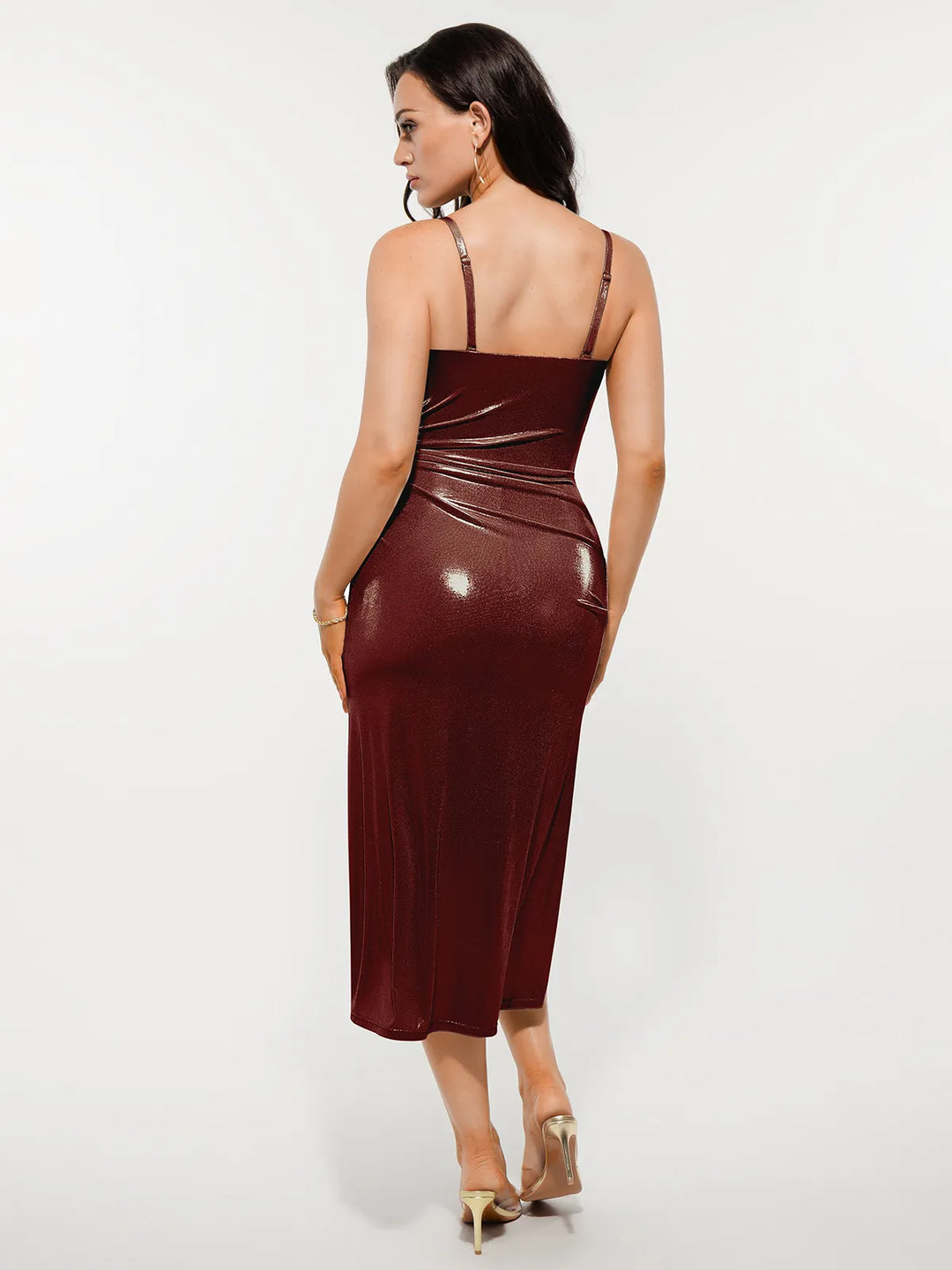 Metallic Cowl Neck Side Ruched Sculpting Tummy Control Midi Dress - Modefluss