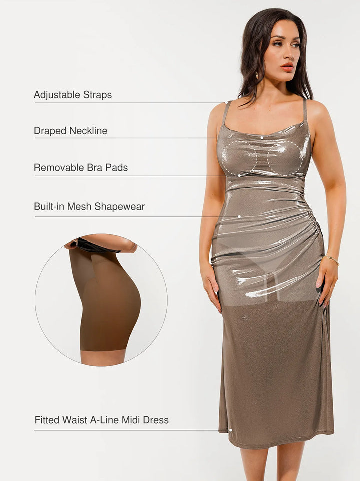 Metallic Cowl Neck Side Ruched Sculpting Tummy Control Midi Dress - Modefluss