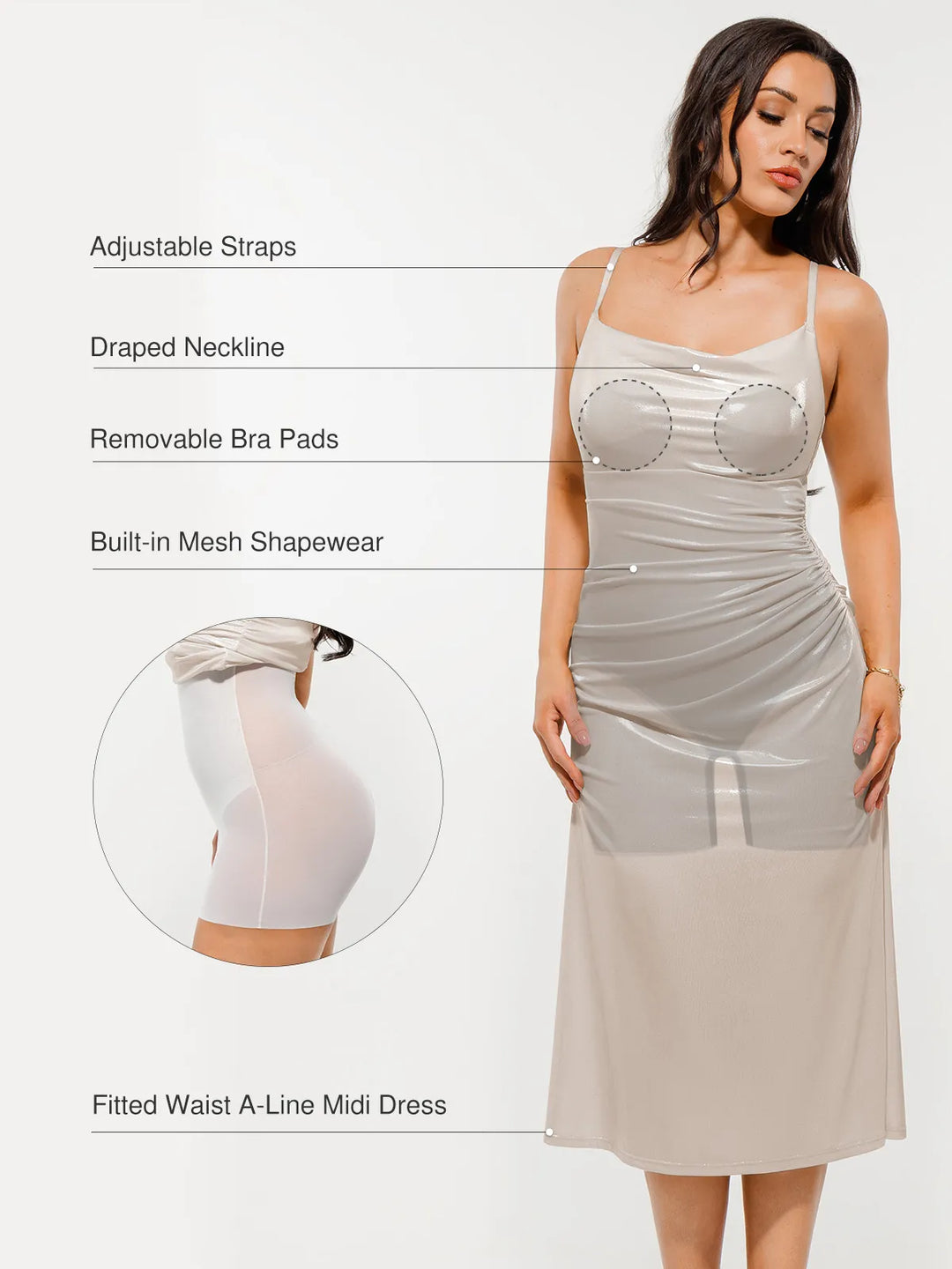 Metallic Cowl Neck Side Ruched Sculpting Tummy Control Midi Dress - Modefluss