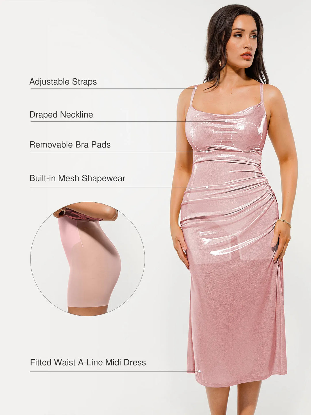 Metallic Cowl Neck Side Ruched Sculpting Tummy Control Midi Dress - Modefluss