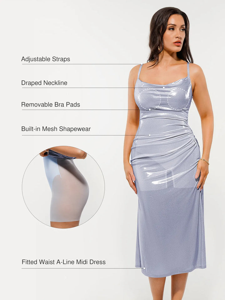 Metallic Cowl Neck Side Ruched Sculpting Tummy Control Midi Dress - Modefluss