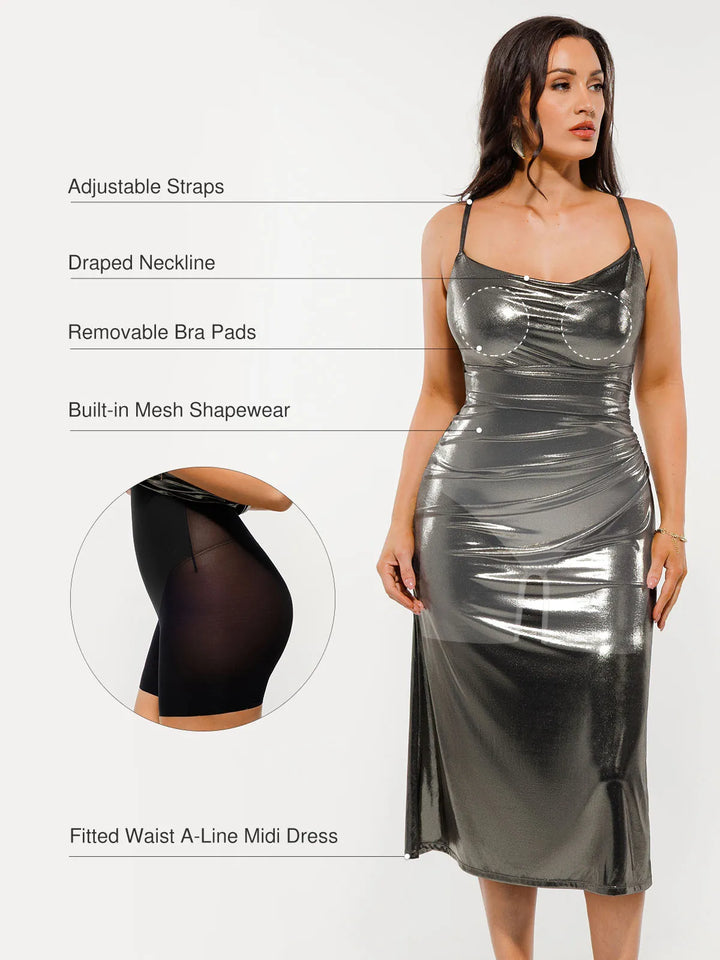 Metallic Cowl Neck Side Ruched Sculpting Tummy Control Midi Dress - Modefluss