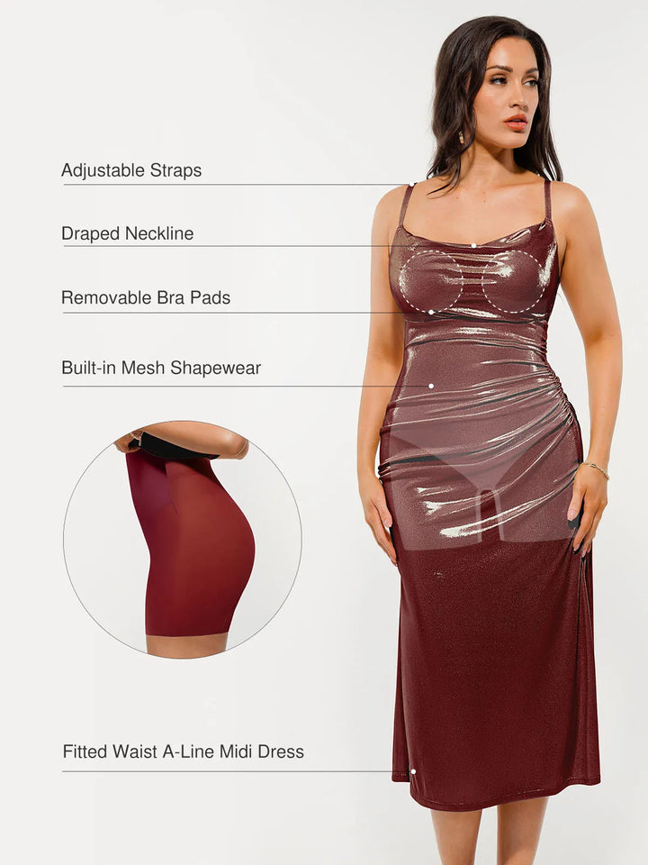 Metallic Cowl Neck Side Ruched Sculpting Tummy Control Midi Dress - Modefluss