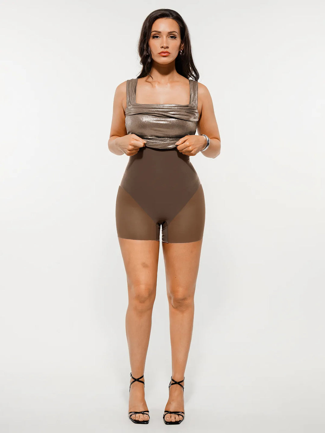 Metallic Off-The Shoulder Ruched Sculpting Tummy Control Mini Dress - Modefluss