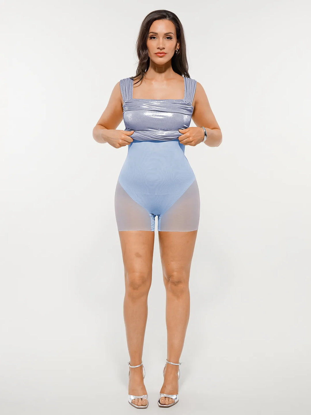Metallic Off-The Shoulder Ruched Sculpting Tummy Control Mini Dress - Modefluss