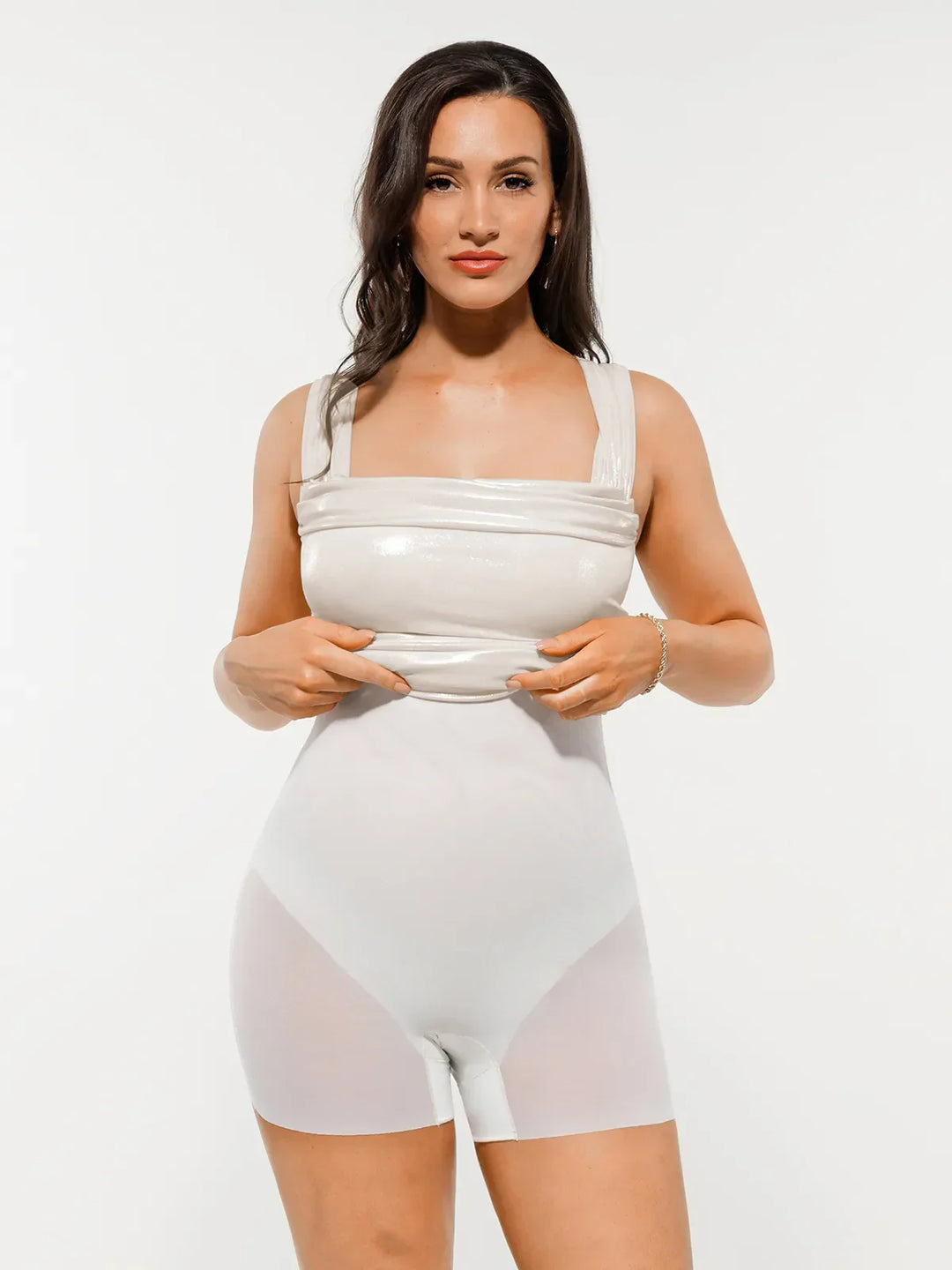 Metallic Off-The Shoulder Ruched Sculpting Tummy Control Mini Dress - Modefluss