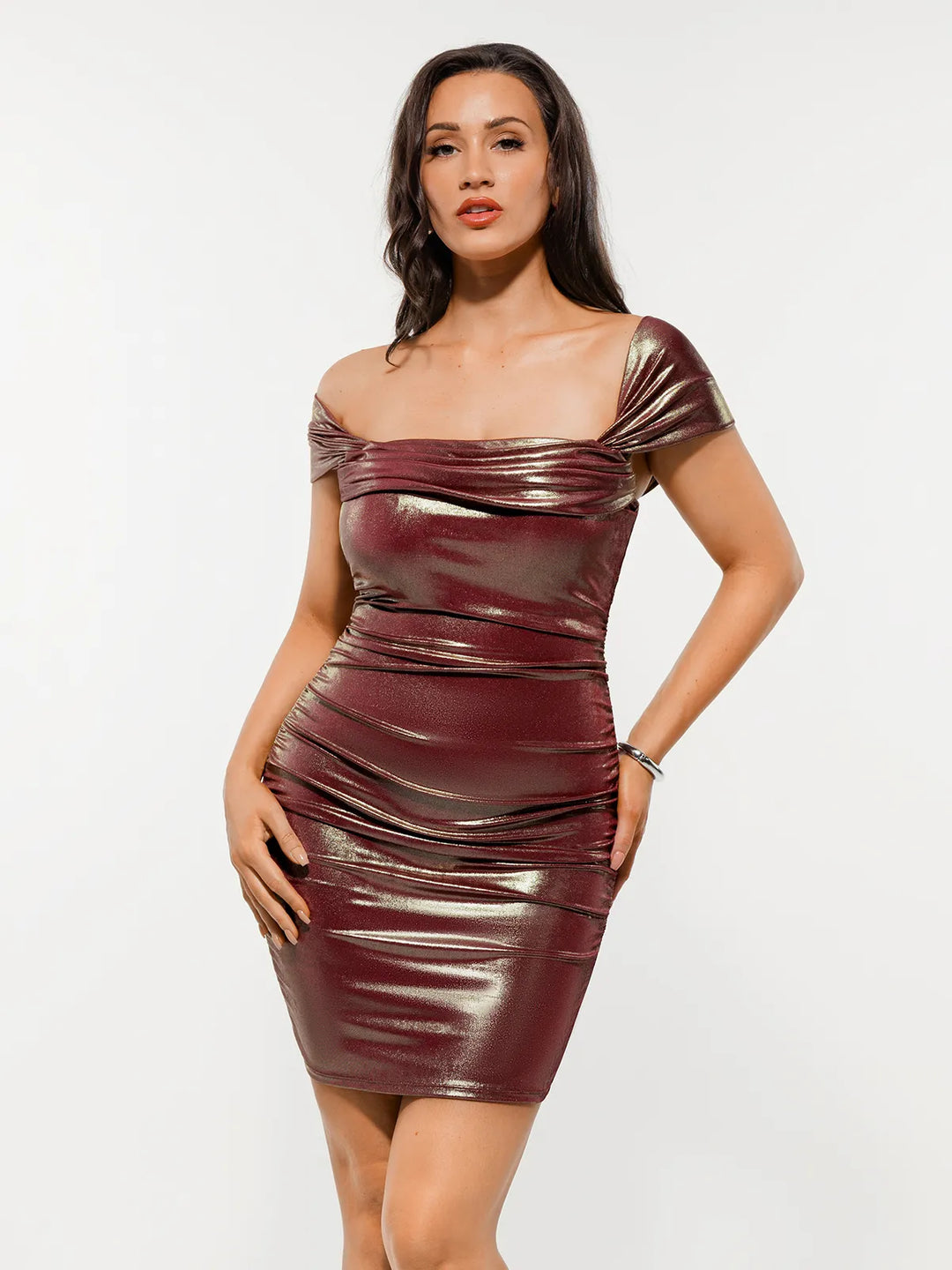 Metallic Off-The Shoulder Ruched Sculpting Tummy Control Mini Dress - Modefluss