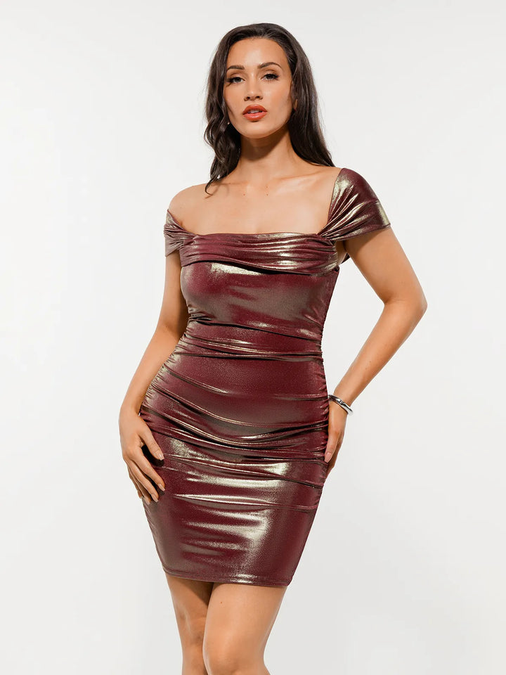 Metallic Off-The Shoulder Ruched Sculpting Tummy Control Mini Dress - Modefluss