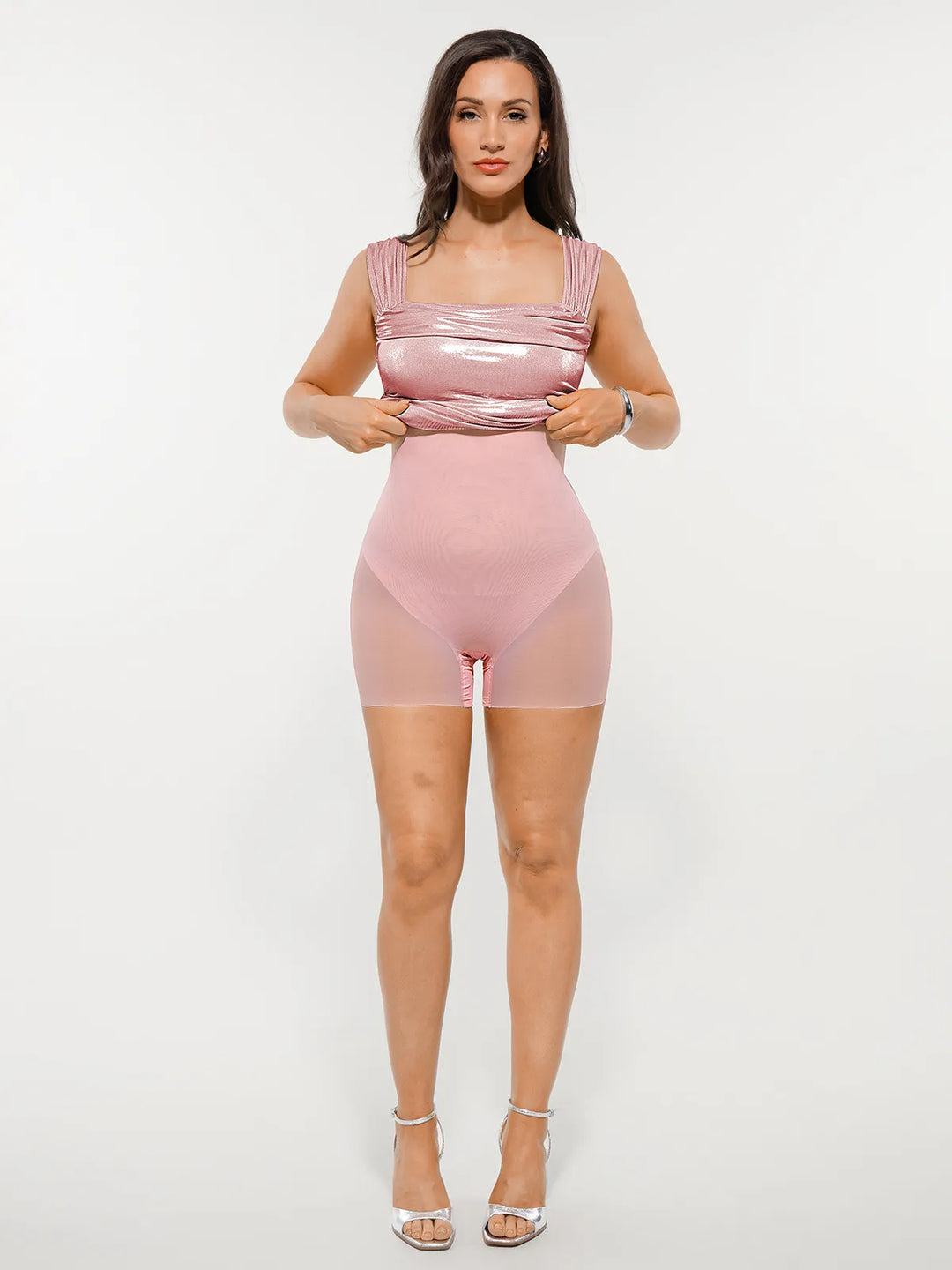 Metallic Off-The Shoulder Ruched Sculpting Tummy Control Mini Dress - Modefluss