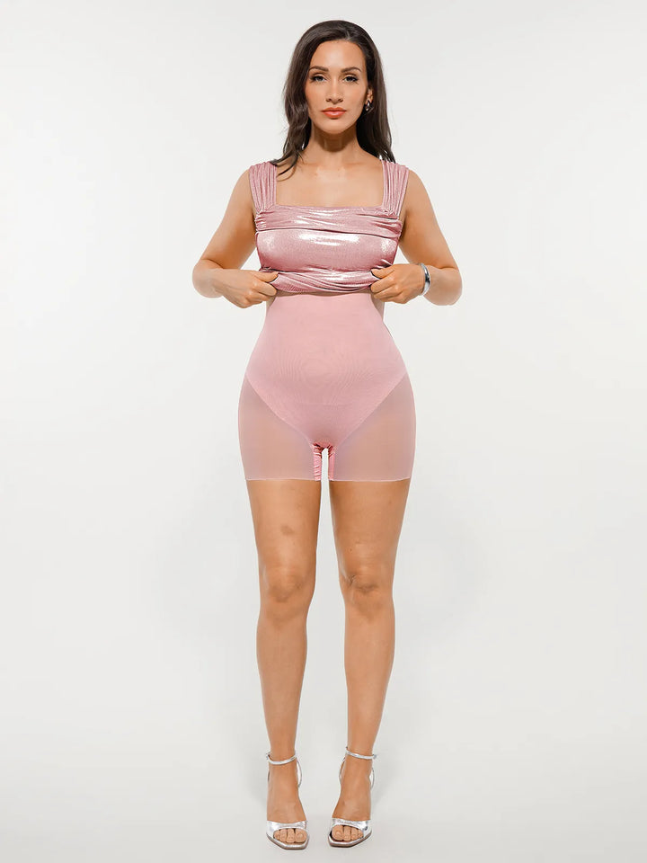 Metallic Off-The Shoulder Ruched Sculpting Tummy Control Mini Dress - Modefluss