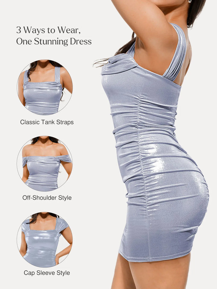 Metallic Off-The Shoulder Ruched Sculpting Tummy Control Mini Dress - Modefluss