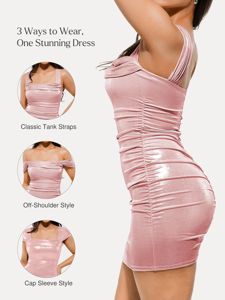 Metallic Off-The Shoulder Ruched Sculpting Tummy Control Mini Dress - Modefluss