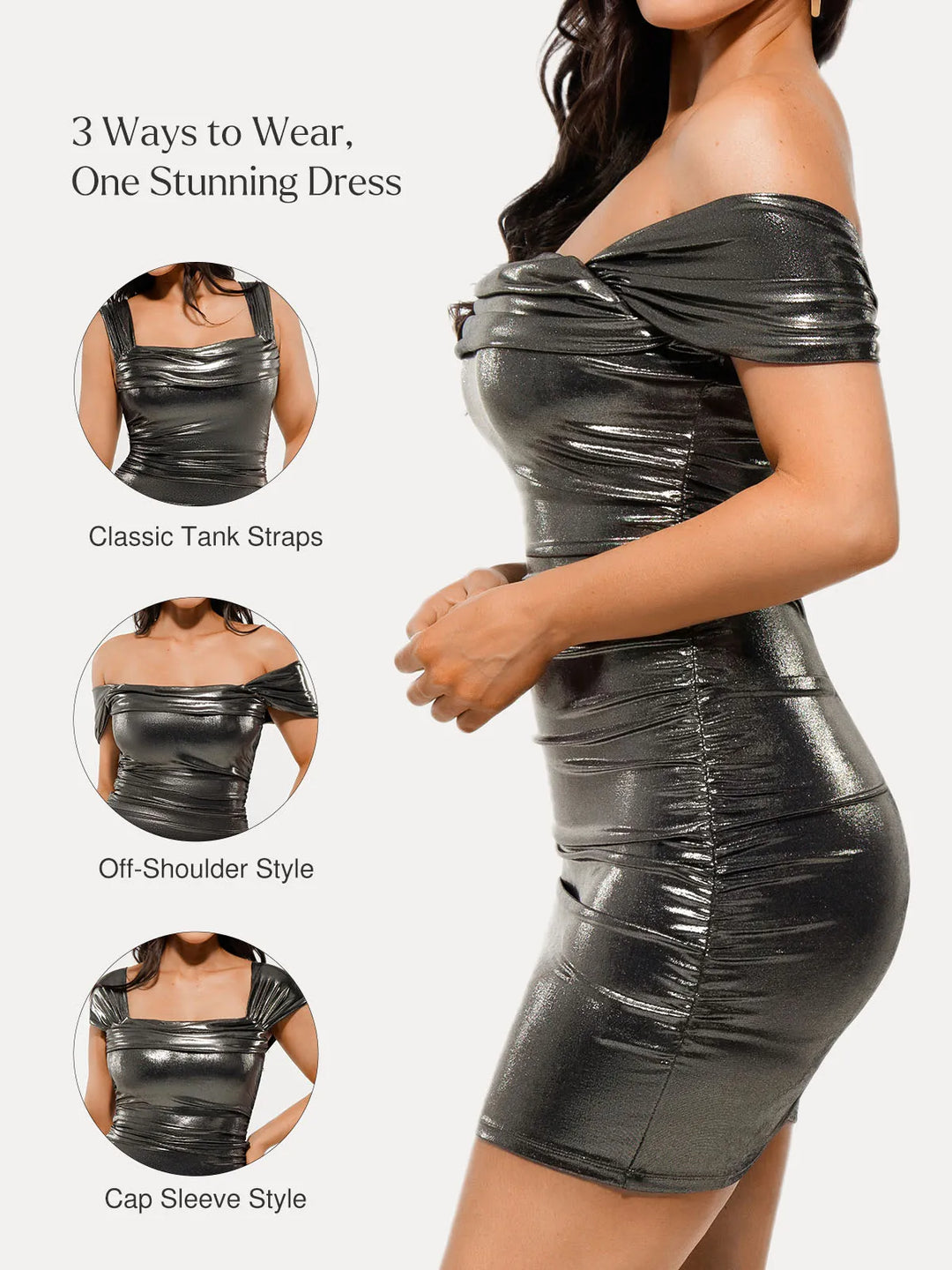 Metallic Off-The Shoulder Ruched Sculpting Tummy Control Mini Dress - Modefluss