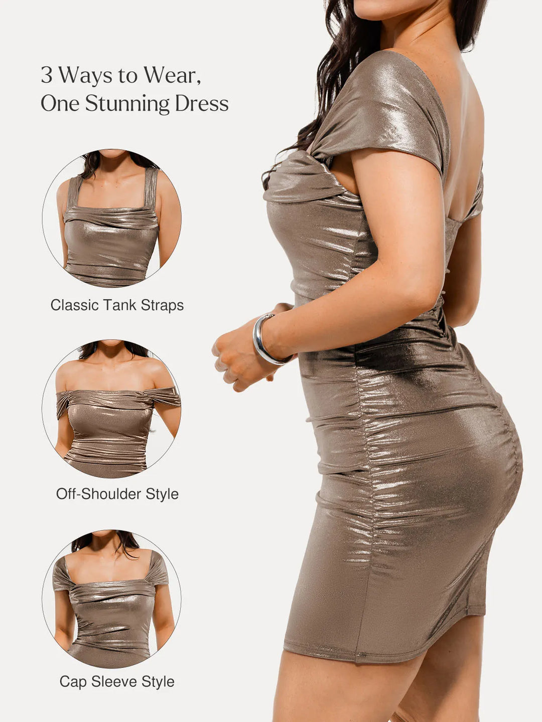 Metallic Off-The Shoulder Ruched Sculpting Tummy Control Mini Dress - Modefluss
