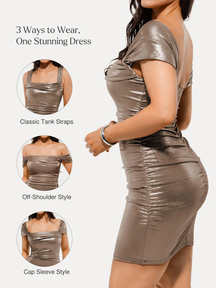 Metallic Off-The Shoulder Ruched Sculpting Tummy Control Mini Dress - Modefluss