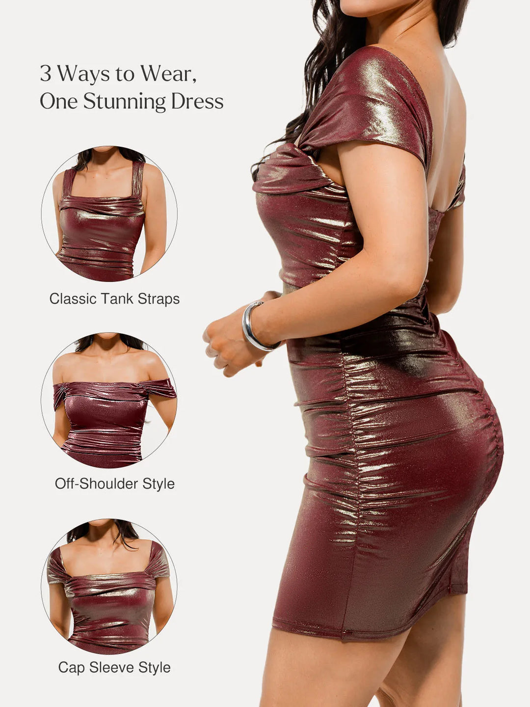 Metallic Off-The Shoulder Ruched Sculpting Tummy Control Mini Dress - Modefluss