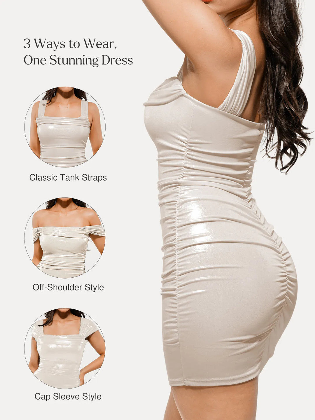 Metallic Off-The Shoulder Ruched Sculpting Tummy Control Mini Dress - Modefluss