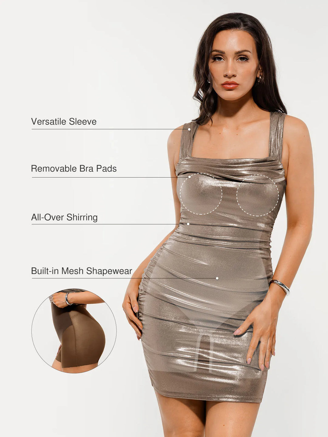 Metallic Off-The Shoulder Ruched Sculpting Tummy Control Mini Dress - Modefluss