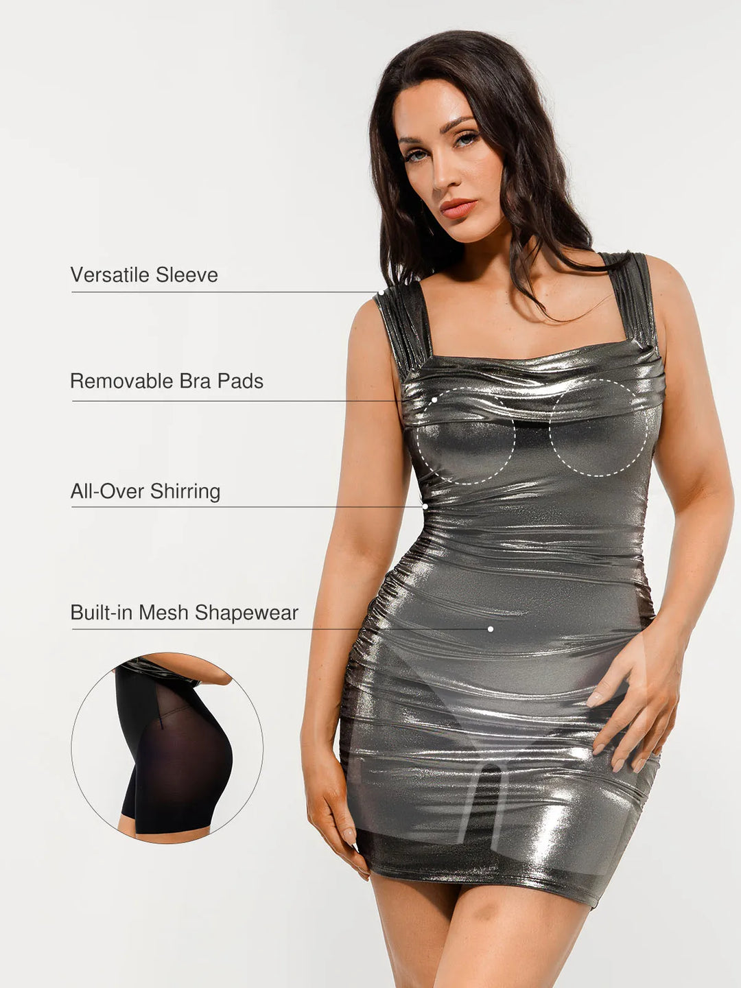 Metallic Off-The Shoulder Ruched Sculpting Tummy Control Mini Dress - Modefluss