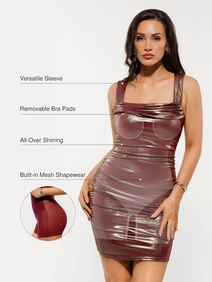 Metallic Off-The Shoulder Ruched Sculpting Tummy Control Mini Dress - Modefluss