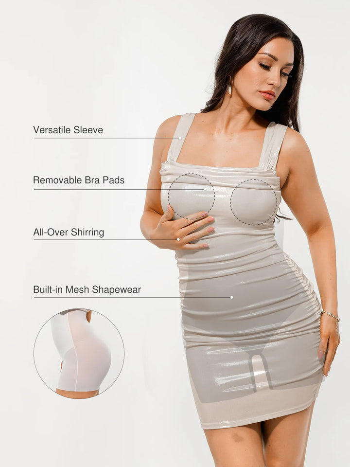 Metallic Off-The Shoulder Ruched Sculpting Tummy Control Mini Dress - Modefluss