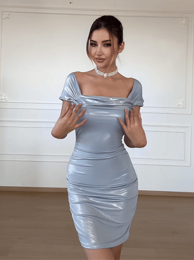 Metallic Off-The Shoulder Ruched Sculpting Tummy Control Mini Dress - Modefluss