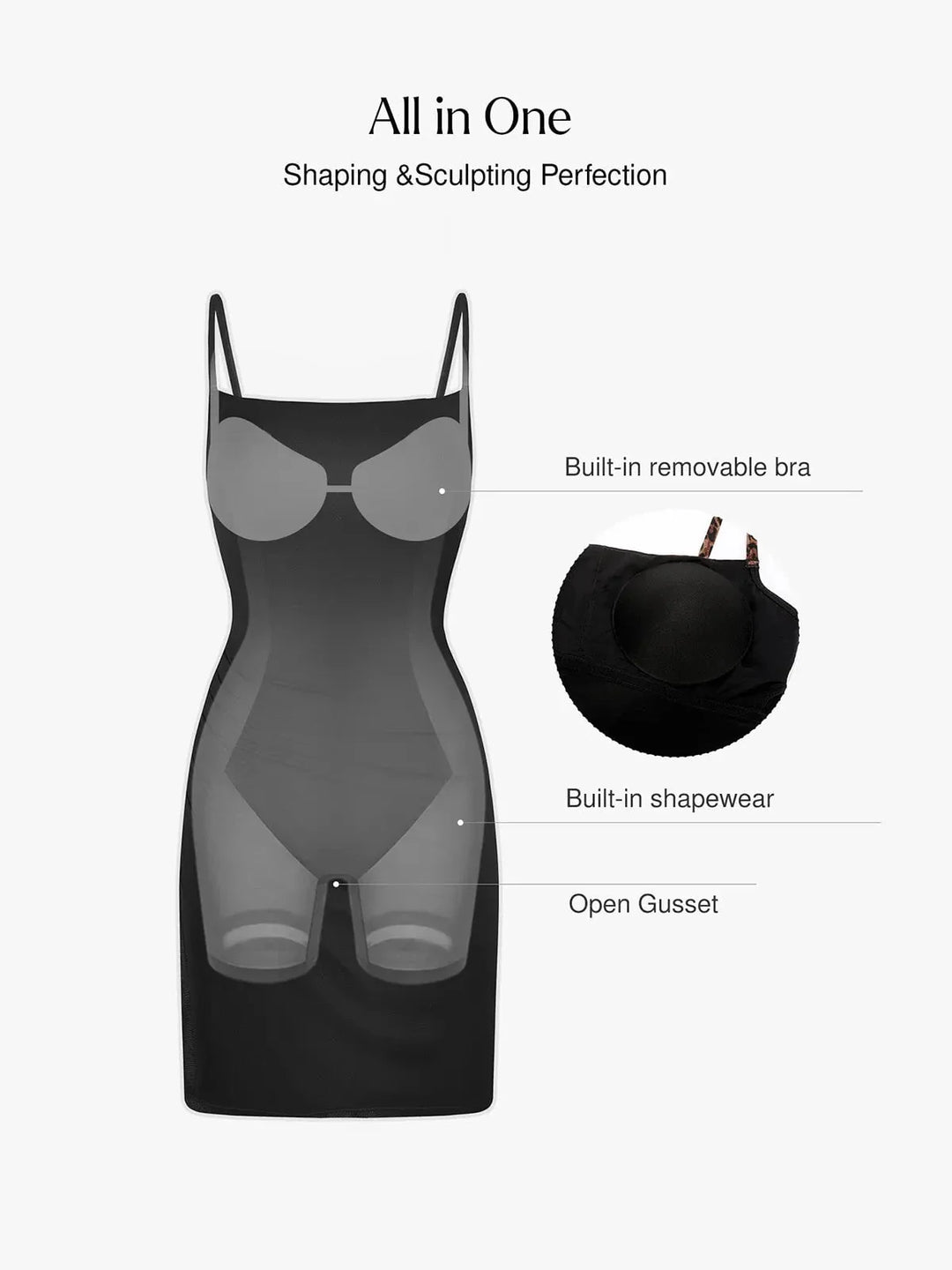 Shapewear Mesh Tummy Control Adjustable Strap Slip Dress - Modefluss