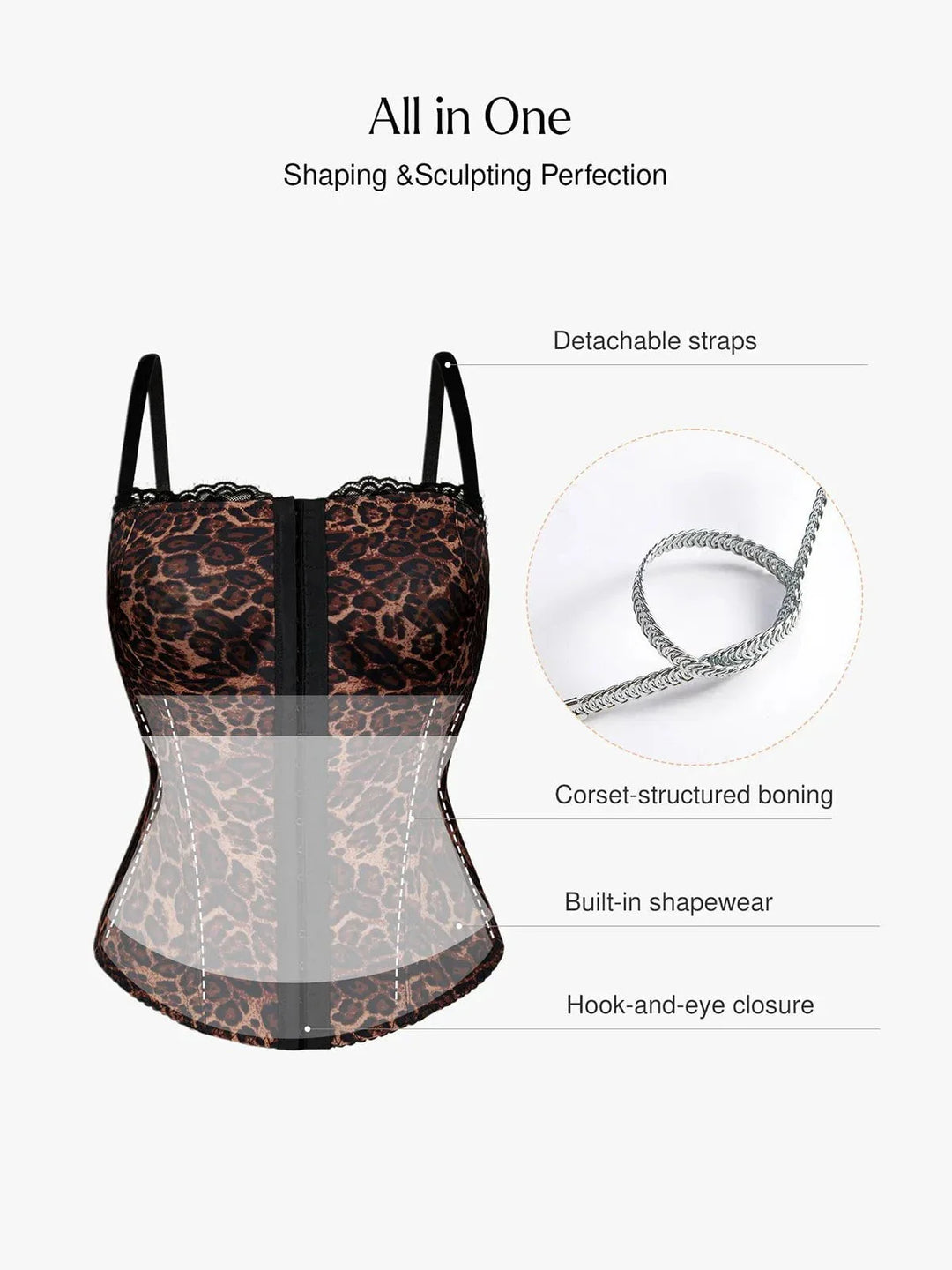 Shapewear Sculpting Leopard Mesh Detachable Strap Corset Top - Modefluss