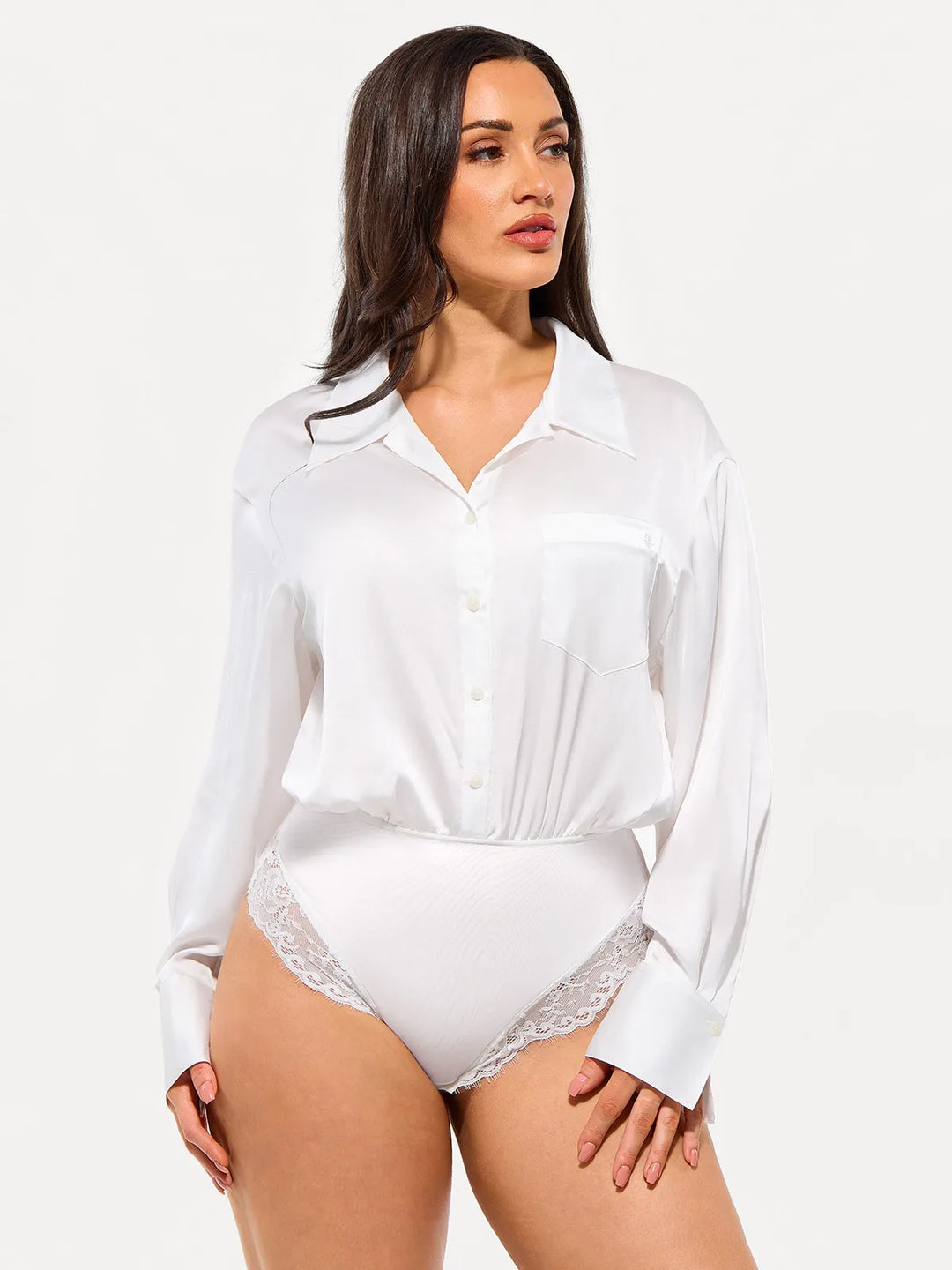 Poplin Long Sleeve Silky Shirt Tummy Control Bodysuit