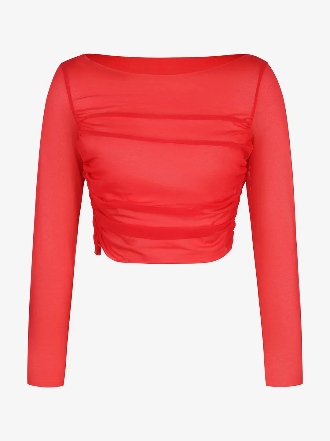 Long Sleeve Ruched Sheer Mesh Crop Top - Modefluss
