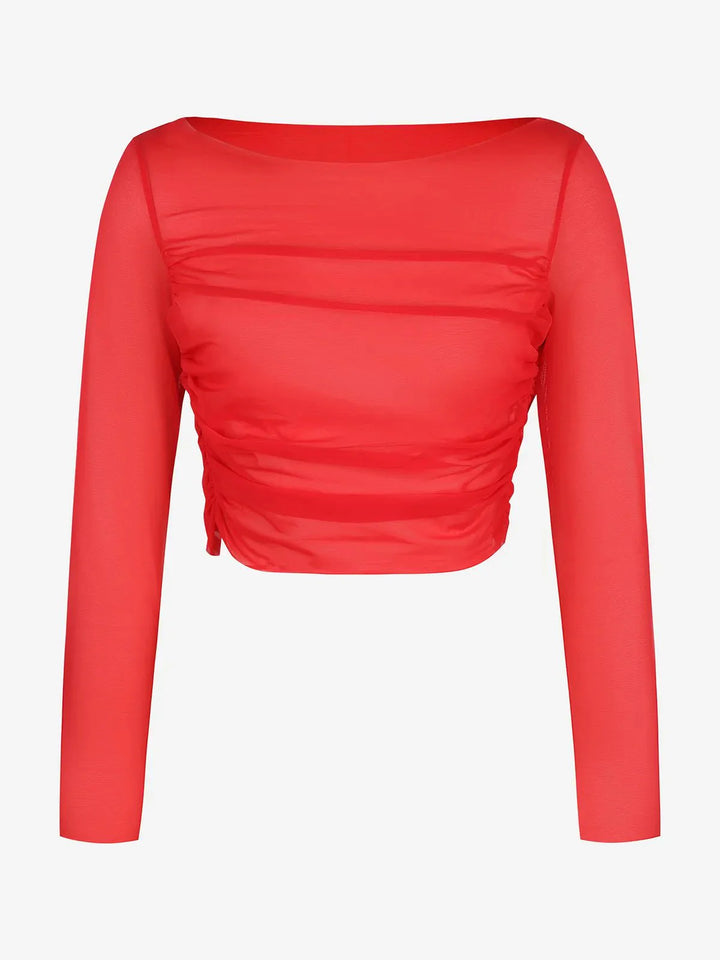 Long Sleeve Ruched Sheer Mesh Crop Top - Modefluss