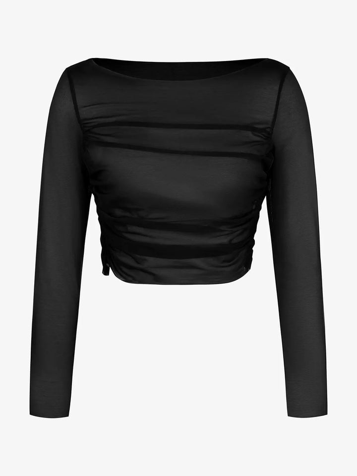 Long Sleeve Ruched Sheer Mesh Crop Top - Modefluss