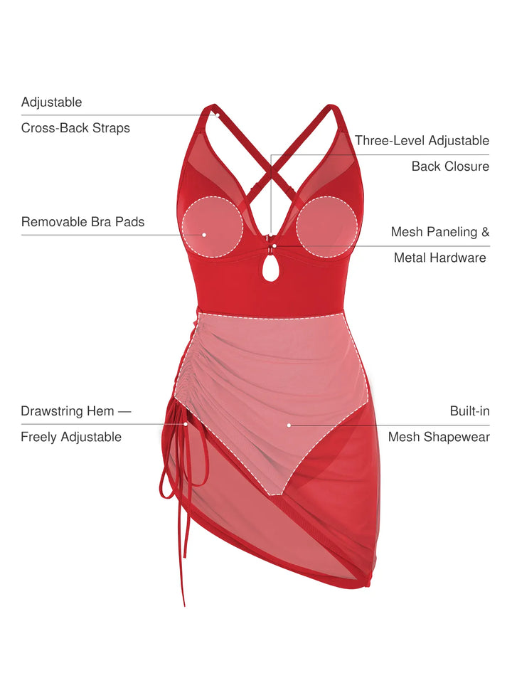 Sculpting Curve Mesh Skirt One-Piece Swimsuit - Modefluss