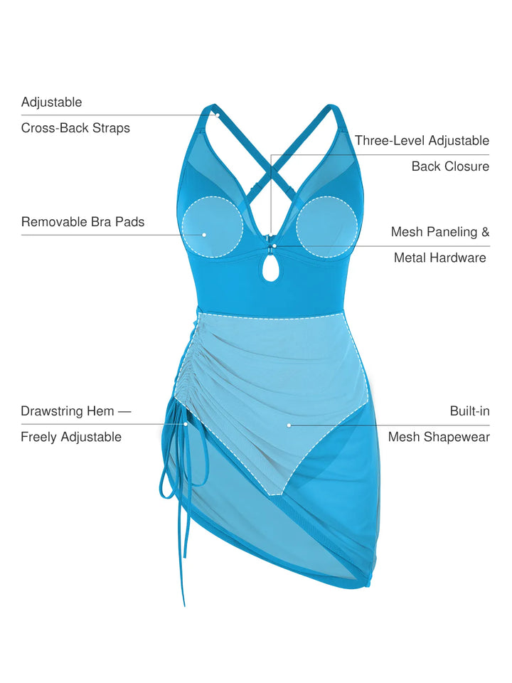 Sculpting Curve Mesh Skirt One-Piece Swimsuit - Modefluss