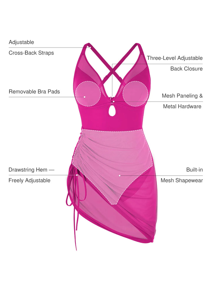Sculpting Curve Mesh Skirt One-Piece Swimsuit - Modefluss