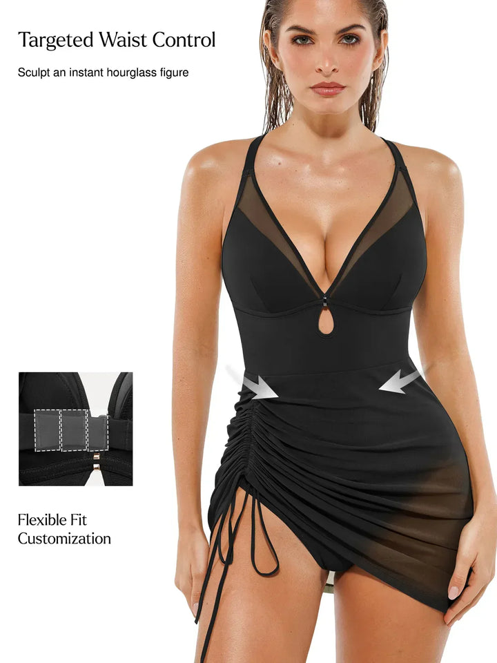 Sculpting Curve Mesh Skirt One-Piece Swimsuit - Modefluss