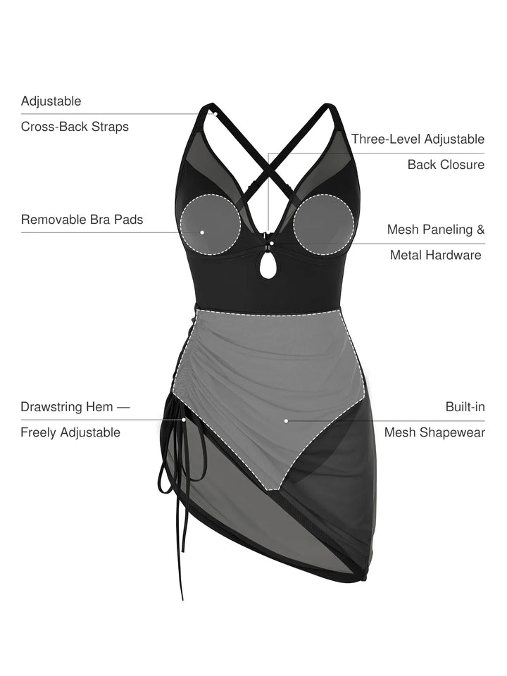 Sculpting Curve Mesh Skirt One-Piece Swimsuit - Modefluss