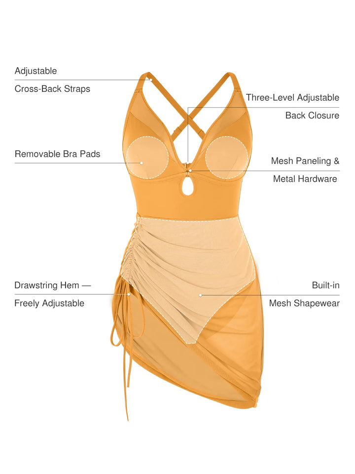 Sculpting Curve Mesh Skirt One-Piece Swimsuit - Modefluss