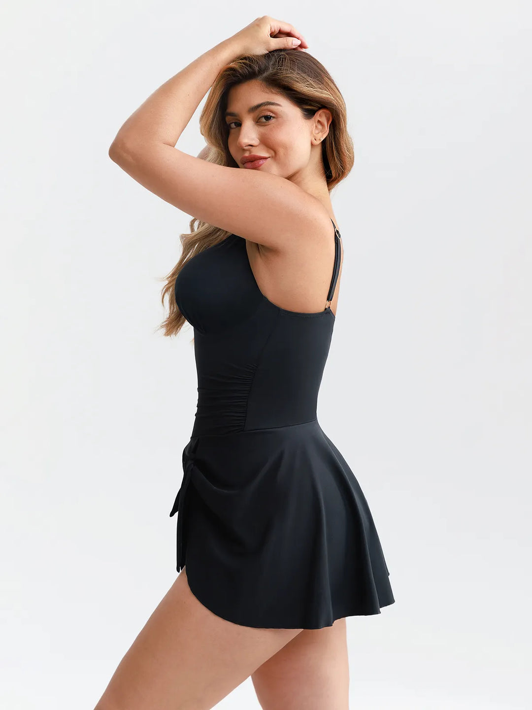 Sculpting Ruched Deep V Skirted One-Piece Swimsuit - Modefluss