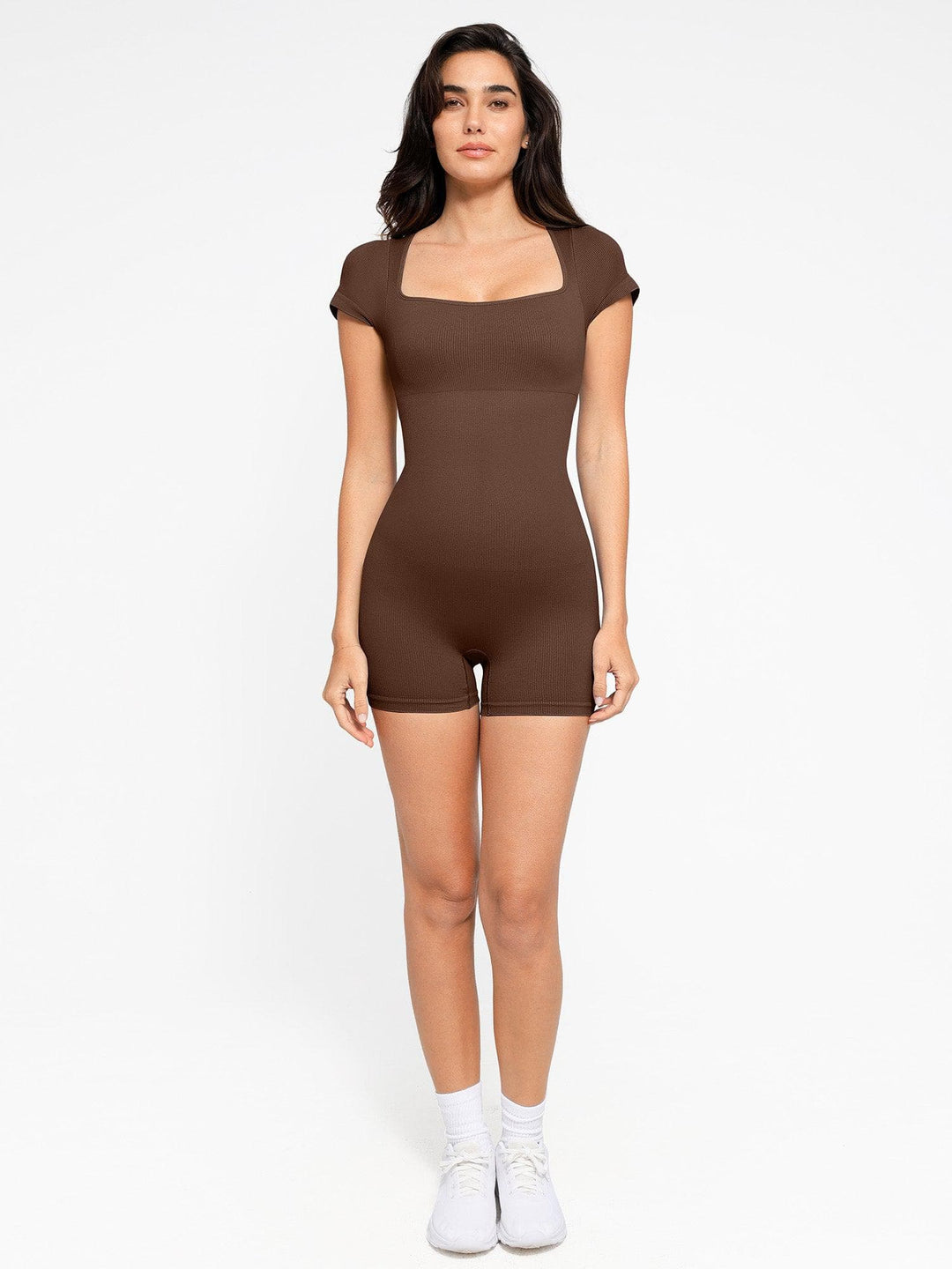 Shapewear Seamless Rib Square Neck Cap Sleeve Romper - Modefluss
