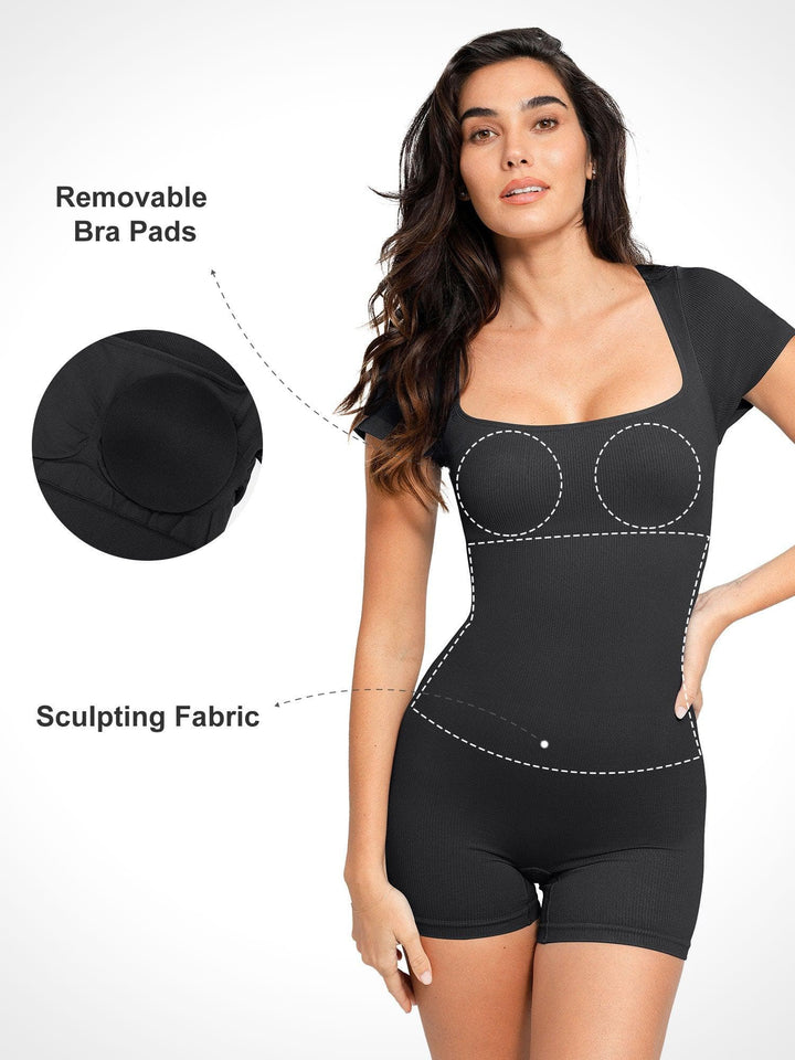 Shapewear Seamless Rib Square Neck Cap Sleeve Romper - Modefluss