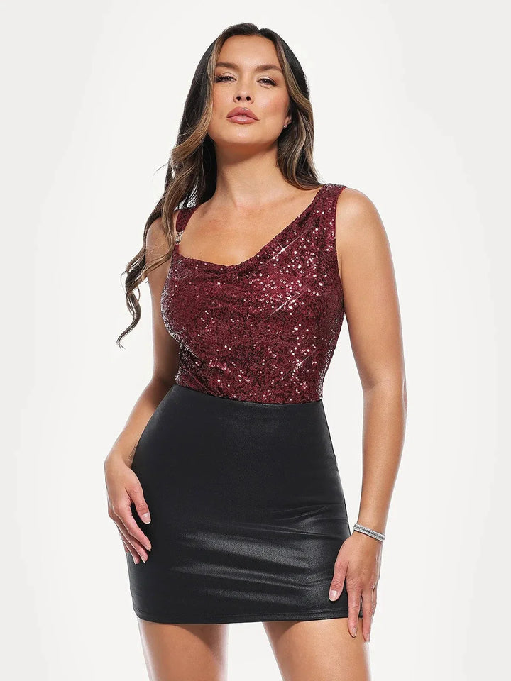 Sequin Cowl Neck Chain Detail Sculpting Bodysuit - Modefluss