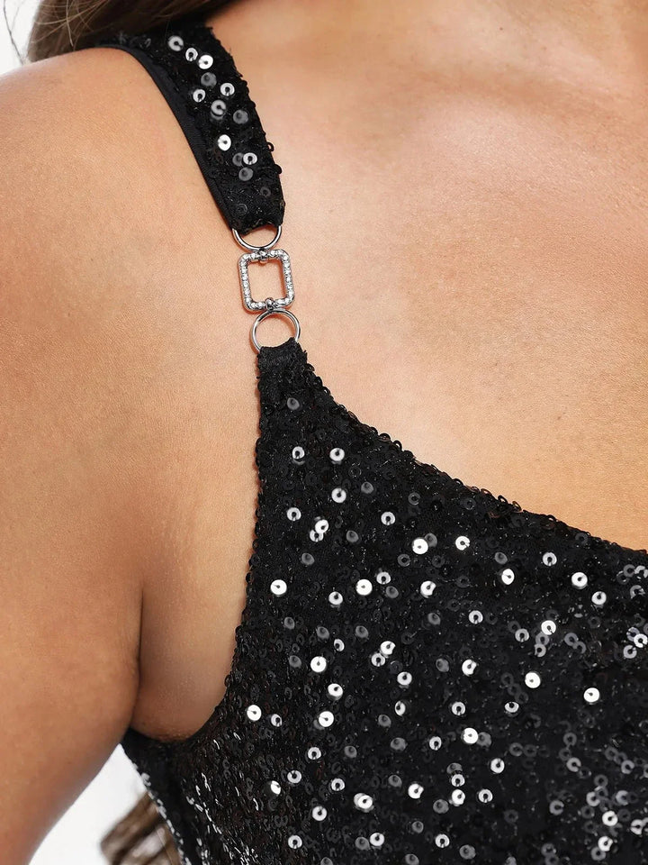 Sequin Cowl Neck Chain Detail Sculpting Bodysuit - Modefluss
