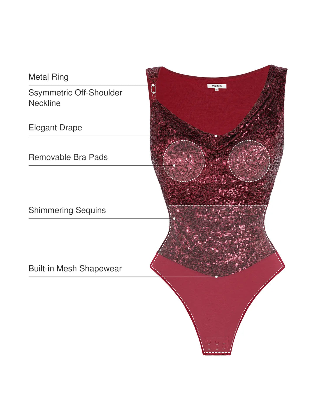 Sequin Cowl Neck Chain Detail Sculpting Bodysuit - Modefluss
