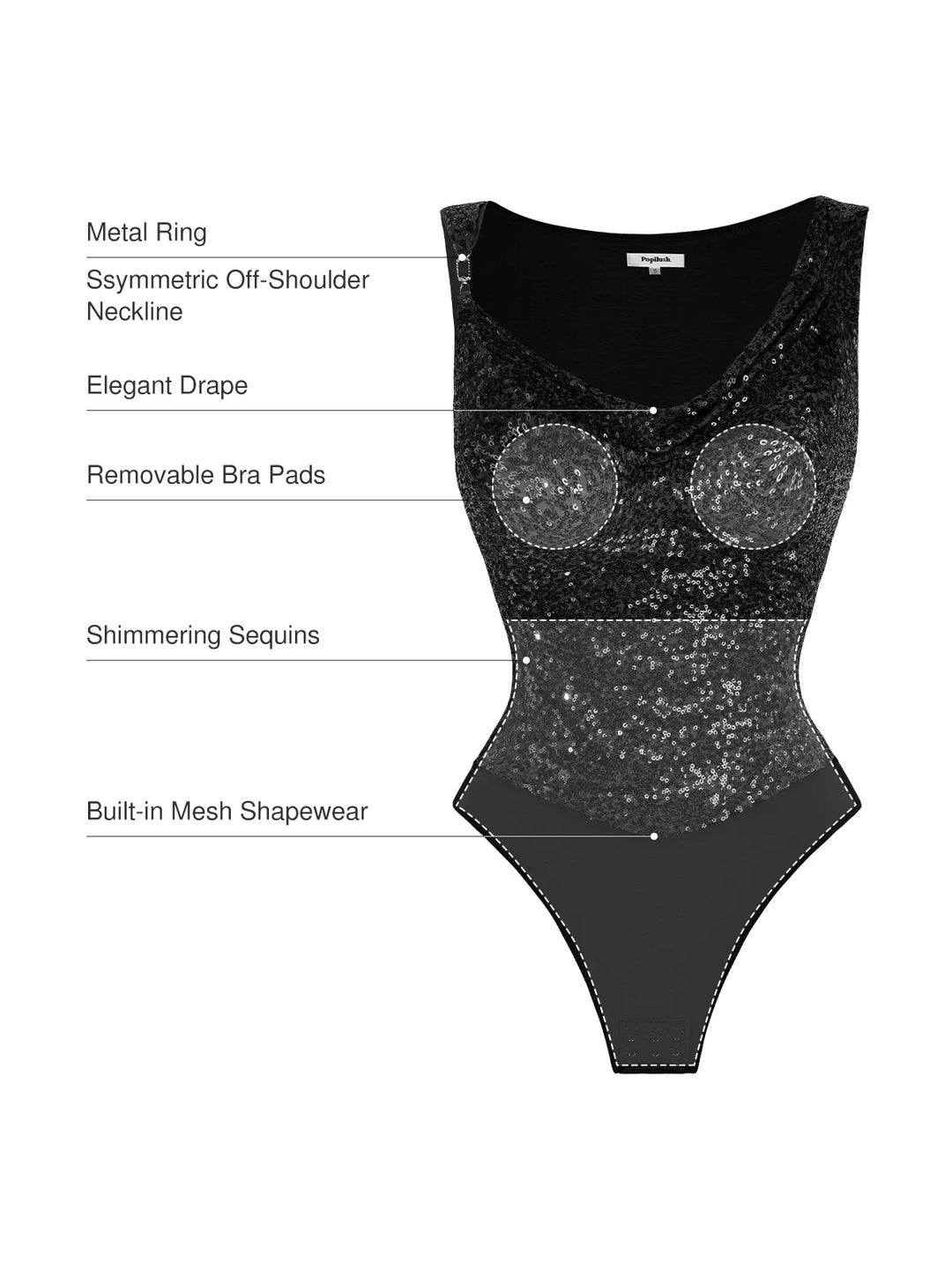 Sequin Cowl Neck Chain Detail Sculpting Bodysuit - Modefluss