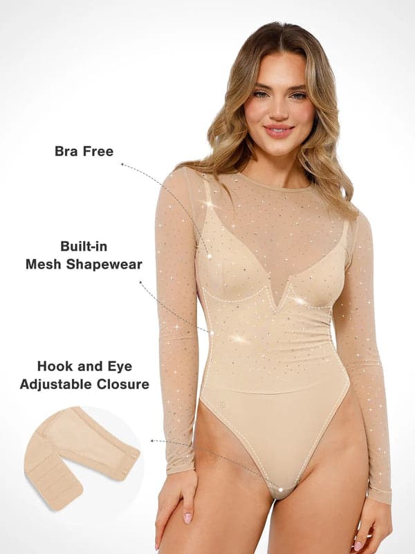 Sequin Cowl Neck Chain Detail Sculpting Bodysuit - Modefluss
