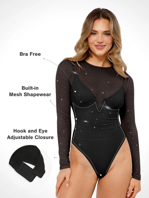 Sequin Cowl Neck Chain Detail Sculpting Bodysuit - Modefluss