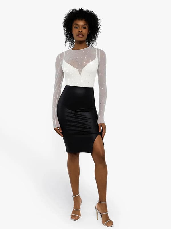 Sequin Cowl Neck Chain Detail Sculpting Bodysuit - Modefluss