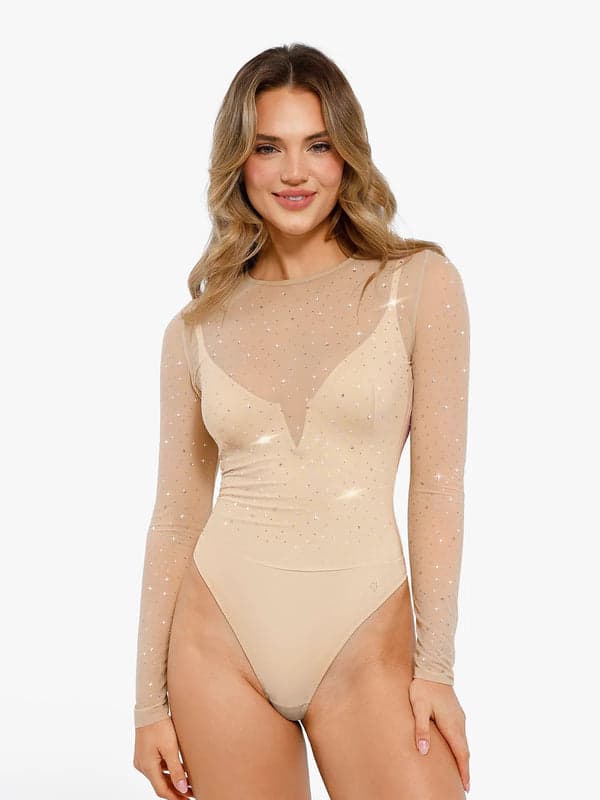 Sequin Cowl Neck Chain Detail Sculpting Bodysuit - Modefluss